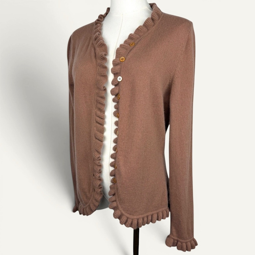 Pure Collection Cashmere Ruffle Trim Cardigan Size 8/10 M Quiet Luxury Preppy